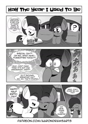 Size: 1187x1678 | Tagged: safe, artist:aarondrawsarts, oc, oc only, oc:brain teaser, oc:rose bloom, species:earth pony, species:pony, bed, black and white, blushing, brainbloom, breakfast, breakfast in bed, comic, female, food, grayscale, japanese, male, manga, monochrome, nuzzling, oc x oc, pancakes, panicking, shipping, simpsons did it, straight, the simpsons