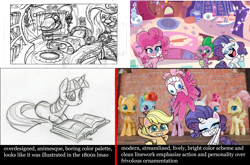 Size: 1188x783 | Tagged: safe, artist:lauren faust, edit, edited screencap, screencap, character:applejack, character:pinkie pie, character:rarity, character:spike, character:twilight sparkle, character:twilight sparkle (alicorn), character:twilight sparkle (unicorn), species:alicorn, species:dragon, species:earth pony, species:pegasus, species:pony, species:unicorn, g4, my little pony:pony life, book, comparison, female, golden oaks library, looking at you, mare, op is a duck, op is trying to start shit, op is trying to start shit so badly that it's kinda funny, op is trying too hard, sketch