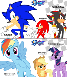 Size: 3611x4120 | Tagged: safe, artist:trungtranhaitrung, character:applejack, character:rainbow dash, character:sonic the hedgehog, character:twilight sparkle, character:twilight sparkle (alicorn), species:alicorn, species:pony, crossover, knuckles the echidna, shadow the hedgehog, sonic the hedgehog (series)