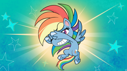 Size: 3840x2160 | Tagged: safe, alternate version, artist:pirill, character:rainbow dash, species:pegasus, species:pony, my little pony:pony life, 20% cooler, abstract background, calarts, chibi, dab, female, flying, mare, solo, stars, wings