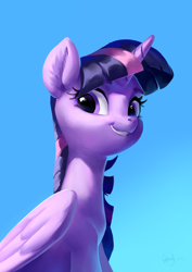 Size: 1700x2400 | Tagged: safe, artist:luciferamon, character:twilight sparkle, character:twilight sparkle (alicorn), species:alicorn, species:pony, blue background, cute, female, mare, simple background, smiling, solo, twiabetes