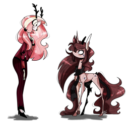 Size: 1280x1252 | Tagged: safe, artist:jxst-starly, artist:manella-art, non-mlp oc, oc, oc:manella, oc:umbra, species:anthro, species:deer, species:pony, species:unicorn, clothing, collaboration, female, hazbin hotel, looking at each other, scarf, simple background, transparent background