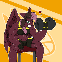 Size: 1600x1600 | Tagged: safe, artist:sanyo2100, oc, oc:masquerade, species:anthro, species:pegasus, species:pony, abstract background, female, gym, muscles, patreon, reward, solo, sweat