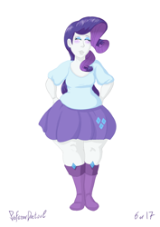 Size: 800x1130 | Tagged: safe, artist:professordoctorc, character:rarity, series:r is for rarity, my little pony:equestria girls, blushing, boots, clothing, eyes closed, female, shoes, simple background, skirt, solo, thighs, thunder thighs, white background, wide hips