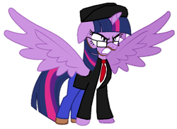 Size: 811x590 | Tagged: safe, artist:logan jones, editor:logan jones, character:twilight sparkle, character:twilight sparkle (alicorn), species:alicorn, species:pony, angry, beard, clothing, cosplay, costume, facial hair, glasses, gritted teeth, hat, jacket, jeans, moustache, necktie, nostalgia critic, pants, shoes, shrunken pupils, simple background, transparent background