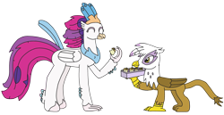 Size: 3264x1681 | Tagged: safe, artist:supahdonarudo, character:gilda, character:queen novo, species:classical hippogriff, species:griffon, species:hippogriff, my little pony: the movie (2017), crumbs, eating, griffon scone, holding, simple background, transparent background, tray