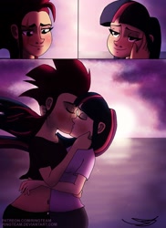 Size: 1537x2114 | Tagged: safe, artist:ringteam, character:tempest shadow, character:twilight sparkle, species:human, ship:tempestlight, belly button, clothing, comic, eyes closed, female, humanized, kissing, lesbian, looking at each other, shipping, shirt, smiling