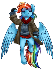 Size: 3000x4000 | Tagged: safe, artist:annakitsun3, character:rainbow dash, species:pegasus, species:pony, clothing, coat, digital art, female, fingerless gloves, gloves, goggles, mare, simple background, solo, spread wings, sunglasses, the breakfast club, transparent background, wings