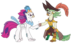 Size: 3105x1905 | Tagged: safe, artist:supahdonarudo, character:captain celaeno, character:queen novo, species:classical hippogriff, species:hippogriff, my little pony: the movie (2017), clothing, crystal pegleg, ear piercing, handshake, hat, parrot pirates, piercing, pirate, pirate hat, simple background, transparent background