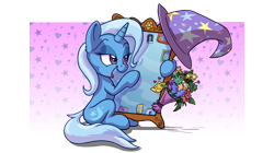 Size: 3040x1706 | Tagged: safe, artist:pirill, character:derpy hooves, character:trixie, species:pony, species:unicorn, newbie artist training grounds, atg 2018, bouquet, clothing, cutie mark, ear fluff, female, flower, hat, heart, implied selfcest, mare, mirror, missing accessory, narcissexual, narcissism, open mouth, photo, signature, sitting, solo, stars, trixie's hat, trixtrix, when you see it