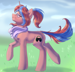 Size: 2560x2480 | Tagged: safe, artist:tigra0118, oc, oc only, species:pony, species:unicorn, clothing, cutie mark, eyes closed, female, glasses, grass field, high res, mare, scarf, solo