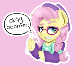 Size: 5000x4398 | Tagged: safe, artist:partylikeanartist, character:fluttershy, species:pegasus, species:pony, absurd resolution, alternate hairstyle, bandana, boomer, bust, clothing, dialogue, eyebrows, female, glasses, hat, hipster, hipster glasses, hipstershy, jumper, ok boomer, okay boomer, portrait, scarf, simple background, solo, speech bubble, sweater, wingding eyes