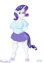 Size: 800x1131 | Tagged: safe, artist:professordoctorc, character:rarity, species:anthro, species:unguligrade anthro, series:r is for rarity, breasts, busty rarity, clothing, pleated skirt, simple background, skirt, white background