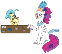 Size: 2840x2448 | Tagged: safe, artist:supahdonarudo, character:princess skystar, character:queen novo, species:classical hippogriff, species:hippogriff, my little pony: the movie (2017), bowl, butter, corn, female, food, like mother like daughter, mother and daughter, nom, pie, plate, simple background, sitting, table, transparent background
