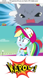Size: 628x1128 | Tagged: safe, artist:mega-poneo, character:rainbow dash, equestria girls:spring breakdown, g4, my little pony: equestria girls, my little pony: the movie (2017), my little pony:equestria girls, abuse, dashabuse, dian, jewelpet, kapow, mulan, op is a duck, op is trying to start shit, op is trying to start shit so badly that it's kinda funny, op isn't even trying anymore, ouch, punch, sanrio, sega, yao