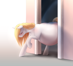 Size: 3195x2893 | Tagged: safe, artist:nsfwbonbon, oc, oc only, oc:feracity, species:earth pony, species:pony, belly, big belly, blushing, doorway, eyes closed, female, implied unbirthing, mare, one hoof raised, pregnant, stuck