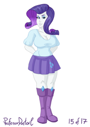 Size: 800x1131 | Tagged: safe, artist:professordoctorc, character:rarity, series:r is for rarity, my little pony:equestria girls, bedroom eyes, big breasts, boots, breasts, busty rarity, cleavage, clothing, female, miniskirt, pleated skirt, shoes, simple background, skirt, solo, white background