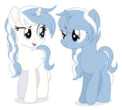 Size: 2527x2286 | Tagged: safe, artist:rioshi, artist:starshade, oc, oc only, oc:coldsnap, oc:frostbite, species:pony, species:unicorn, braid, duo, eye contact, female, looking at each other, mare, siblings, simple background, sisters, twin sisters, twins, white background