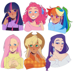 Size: 2448x2376 | Tagged: safe, artist:looji, character:applejack, character:fluttershy, character:pinkie pie, character:rainbow dash, character:rarity, character:twilight sparkle, species:human, bust, clothing, colored pupils, cowboy hat, ear piercing, earring, eye clipping through hair, eyebrows, eyebrows visible through hair, female, hat, high res, humanized, jewelry, mane six, necklace, no pupils, piercing, ring, simple background, sweater, sweatershy, transparent background