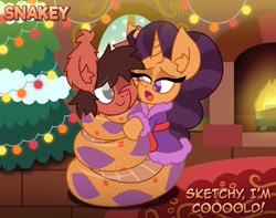 Size: 1006x794 | Tagged: safe, artist:snakeythingy, character:saffron masala, oc, oc:sketchy dupe, species:lamia, canon x oc, christmas, christmas tree, clothing, coils, cuddling, fireplace, holiday, looking at each other, monster mare, original species, robe, sketchffron, snake pony, story included, tree
