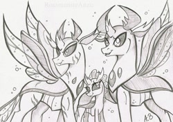 Size: 1024x719 | Tagged: safe, artist:rossmaniteanzu, character:ocellus, character:pharynx, character:prince pharynx, character:thorax, species:changeling, species:reformed changeling, brothers, changedling brothers, female, grayscale, male, monochrome, pencil drawing, scar, siblings, simple background, traditional art, trio, white background