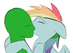 Size: 770x554 | Tagged: safe, artist:kejifox, edit, character:rainbow dash, oc, oc:anon, species:human, species:pegasus, species:pony, cropped, eyes closed, female, kissing, mare, simple background, white background