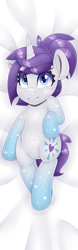 Size: 2125x6802 | Tagged: safe, alternate version, artist:partylikeanartist, oc, oc only, oc:indigo wire, species:pony, species:unicorn, blushing, body pillow, body pillow design, colored pupils, cute, dakimakura cover, dakimakura for christmas, female, from above, frown, gradient hooves, grumpy, looking at you, lying down, lying on bed, mare, ocbetes, on back, ponytail, shy, solo, wingding eyes