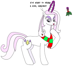 Size: 2671x2393 | Tagged: safe, artist:supahdonarudo, character:fleur-de-lis, species:pony, species:unicorn, christmas, clothing, darling, dialogue, holiday, holly, holly mistaken for mistletoe, levitation, magic, scarf, simple background, talking to viewer, telekinesis, text, transparent background