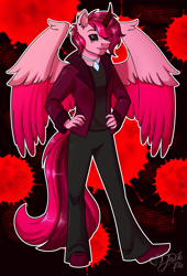 Size: 2074x3047 | Tagged: safe, artist:jack-pie, oc, oc:maru, species:alicorn, species:anthro, species:plantigrade anthro, species:pony, alicorn oc, anthro oc, clothing, colored wings, commission, curved horn, evil, hands on hip, high res, horn, multicolored wings, pants, shoes, solo, wings