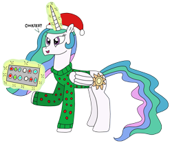 Size: 2926x2448 | Tagged: safe, artist:supahdonarudo, character:princess celestia, species:alicorn, species:pony, christmas, christmas cookies, clothing, cookie, dialogue, food, hat, holiday, levitation, magic, offering, santa hat, simple background, sweater, talking to viewer, telekinesis, text, transparent background, tray