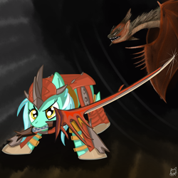 Size: 1000x1000 | Tagged: safe, artist:cheshiresdesires, character:lyra heartstrings, species:dragon, species:pony, species:unicorn, armor, crossover, female, mare, monster hunter, mouth hold, rathalos, sword, weapon