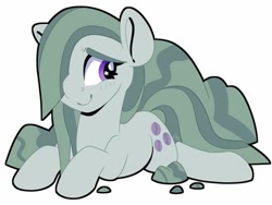 Size: 720x542 | Tagged: safe, artist:partylikeanartist, character:marble pie, species:earth pony, species:pony, blushing, female, hair over one eye, looking away, lying down, rock, rock farm, simple background, solo, wingding eyes