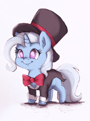 Size: 1079x1439 | Tagged: safe, artist:buttersprinkle, derpibooru original, character:trixie, species:pony, species:unicorn, bow tie, chibi, clothing, colored sketch, cute, diatrixes, female, hat, magician outfit, no pupils, simple background, smiling, solo, tailcoat, top hat, traditional art