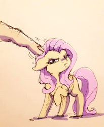 Size: 1073x1309 | Tagged: safe, artist:buttersprinkle, character:fluttershy, species:human, species:pegasus, species:pony, angry, annoyed, colored sketch, cute, female, floppy ears, fluttershy is not amused, grumpy, hand, madorable, mare, petting, raised hoof, smol, tiny, tiny ponies, traditional art, unamused