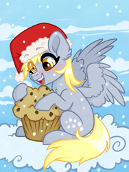 Size: 3000x4000 | Tagged: safe, artist:annakitsun3, character:derpy hooves, species:pegasus, species:pony, christmas, clothing, cloud, eye clipping through hair, female, food, hat, holiday, mare, muffin, on a cloud, santa hat, solo