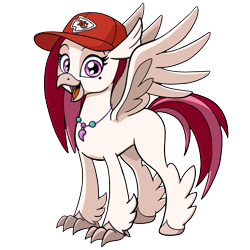 Size: 1211x1212 | Tagged: safe, artist:latecustomer, oc, oc only, oc:velvet skies, species:hippogriff, 2020 community collab, derpibooru community collaboration, adoraskies, american football, clothing, cute, female, hat, jewelry, kansas city chiefs, looking at you, necklace, nfl, simple background, smiling, sports, transparent background