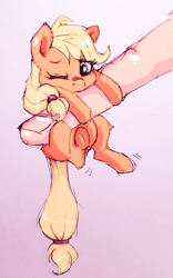 Size: 1080x1736 | Tagged: safe, artist:buttersprinkle, character:applejack, species:human, species:pony, appletini, colored sketch, cute, female, finger, hand, hang in there, hanging, jackabetes, micro, offscreen character, offscreen human, simple background, solo, tiny, tiny ponies, traditional art