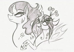 Size: 1024x725 | Tagged: safe, artist:rossmaniteanzu, character:king sombra, character:queen chrysalis, species:changeling, species:pony, ship:chrysombra, female, male, open mouth, pencil drawing, shipping, stallion, straight, talking, traditional art