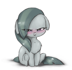 Size: 1634x1586 | Tagged: safe, alternate version, artist:buttersprinkle, character:marble pie, species:earth pony, species:pony, :t, angry, blushing, chest fluff, cute, female, floppy ears, grumpy, hnnng, madorable, marblebetes, mare, pouting, scrunchy face, simple background, sitting, weapons-grade cute, white background