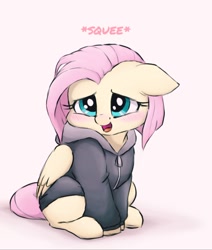 Size: 908x1071 | Tagged: safe, alternate version, artist:buttersprinkle, character:fluttershy, species:pegasus, species:pony, alternate hairstyle, blushing, buttersprinkle is trying to murder us, clothing, cute, female, floppy ears, fluttersquee, hoodie, mare, open mouth, short hair, shyabetes, sitting, solo, squeak, squee, weapons-grade cute