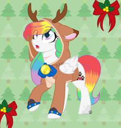 Size: 2120x2240 | Tagged: safe, artist:cloud-fly, artist:rainbowpawsarts, base used, oc, oc:rainbow paws, species:deer, species:pegasus, species:pony, species:reindeer, antlers, bell, christmas, christmas tree, clothing, cute, eye clipping through hair, female, holiday, hoodie, looking up, mare, multicolored hair, one hoof raised, ornament, pegasus oc, rainbow hair, rainbow tail, ribbon, scar, stars, tree, wing fluff