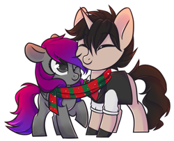 Size: 1221x993 | Tagged: safe, artist:cloud-fly, oc, oc only, oc:leon, oc:shyluna, species:pegasus, species:pony, species:unicorn, chibi, clothing, female, male, mare, scarf, shared clothing, shared scarf, simple background, stallion, transparent background