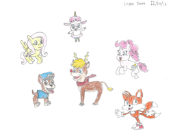 Size: 1053x814 | Tagged: safe, artist:logan jones, character:fluttershy, character:pinkie pie, species:deer, species:dog, species:earth pony, species:fox, species:pegasus, species:pony, species:reindeer, species:sheep, chase (paw patrol), crossover, drawing, goodtimes, lamb, miles "tails" prower, paw patrol, rick and morty, rudolph the red nosed reindeer, sonic the hedgehog (series), tinkles (rick and morty), traditional art