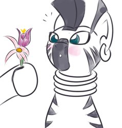 Size: 370x388 | Tagged: safe, artist:yakoshi, character:zecora, species:pony, species:zebra, blushing, cropped, cute, ear piercing, female, flower, hoof hold, mare, monochrome, offscreen character, partial color, piercing, simple background, solo focus, white background, zecorable