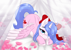Size: 3465x2454 | Tagged: safe, artist:rioshi, artist:sparkling_light, artist:starshade, part of a set, oc, oc only, oc:rioshi sweet, species:alicorn, species:pony, alicorn oc, bed, blushing, bow, female, hair bow, hair over one eye, looking at you, mare, on bed, petals, prone, simple background, solo, unshorn fetlocks, white background, ych result