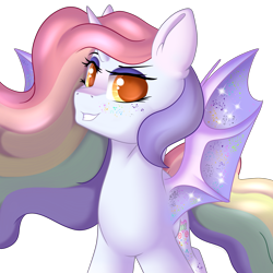 Size: 3000x3000 | Tagged: safe, artist:xcinnamon-twistx, oc, oc:candy lace, species:alicorn, species:bat pony, species:pony, alicorn oc, bat pony alicorn, commission, flowing mane, looking at you, pastel, proud, simple background, spread wings, transparent background, wings