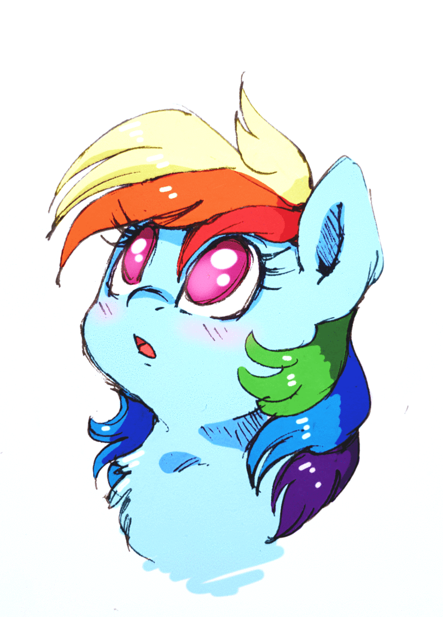 Size: 861x1200 | Tagged: safe, artist:buttersprinkle, character:rainbow dash, species:human, species:pegasus, species:pony, :t, animated, blushing, bust, chest fluff, cute, dashabetes, eyes closed, female, floppy ears, gif, head pat, looking up, mare, no pupils, offscreen character, offscreen human, open mouth, pat, pony pet, scrunchy face, simple background, text, white background