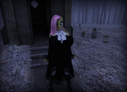 Size: 1600x1156 | Tagged: safe, artist:hellbridge, character:fluttershy, species:anthro, 3d, big breasts, boots, breasts, busty fluttershy, clothing, dress, female, fluttergoth, goth, gravestone, huge breasts, shoes, solo