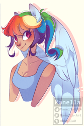 Size: 1186x1774 | Tagged: safe, artist:manella-art, character:rainbow dash, species:human, breasts, bust, cleavage, clothing, female, humanized, portrait, shirt, solo, tumblr nose, winged humanization, wings
