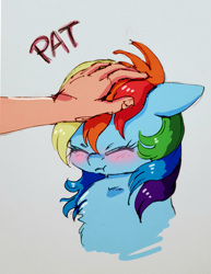 Size: 1063x1377 | Tagged: safe, artist:buttersprinkle, character:rainbow dash, species:human, species:pony, :t, blushing, chest fluff, cute, dashabetes, eyes closed, grumpy, hand, head pat, offscreen character, offscreen human, pat, patting, pony pet, rainbow dash is not amused, simple background, unamused